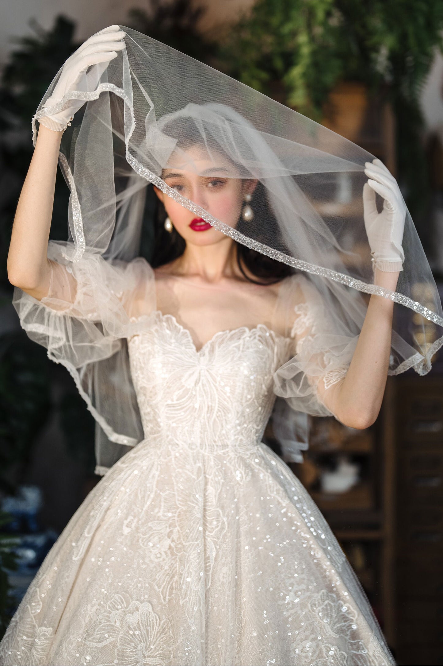 150cm two tier elbow length bridal veil with 70cm blusher and delicate beaded trimmed edge