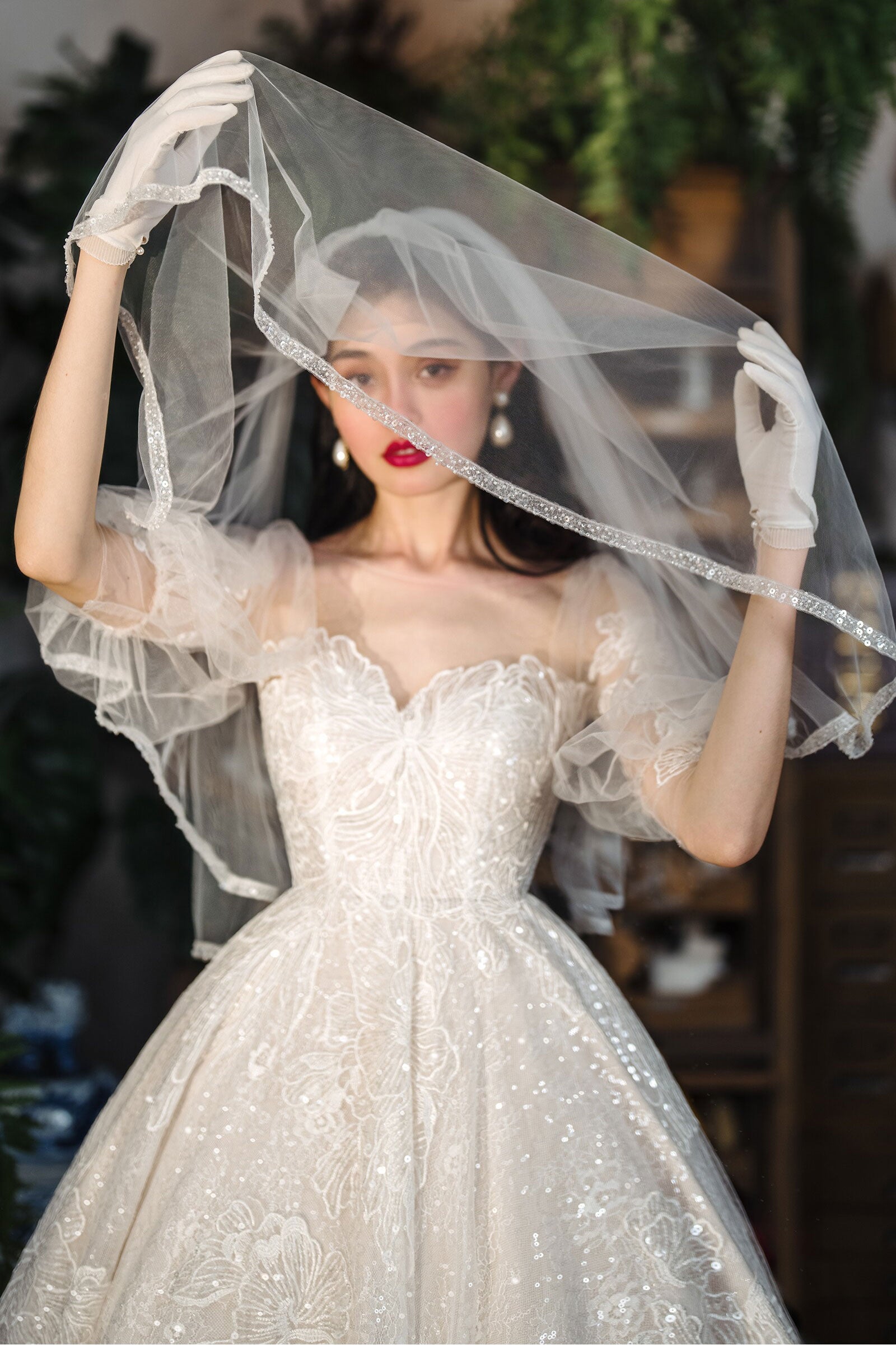 150cm two tier elbow length bridal veil with 70cm blusher and delicate beaded trimmed edge