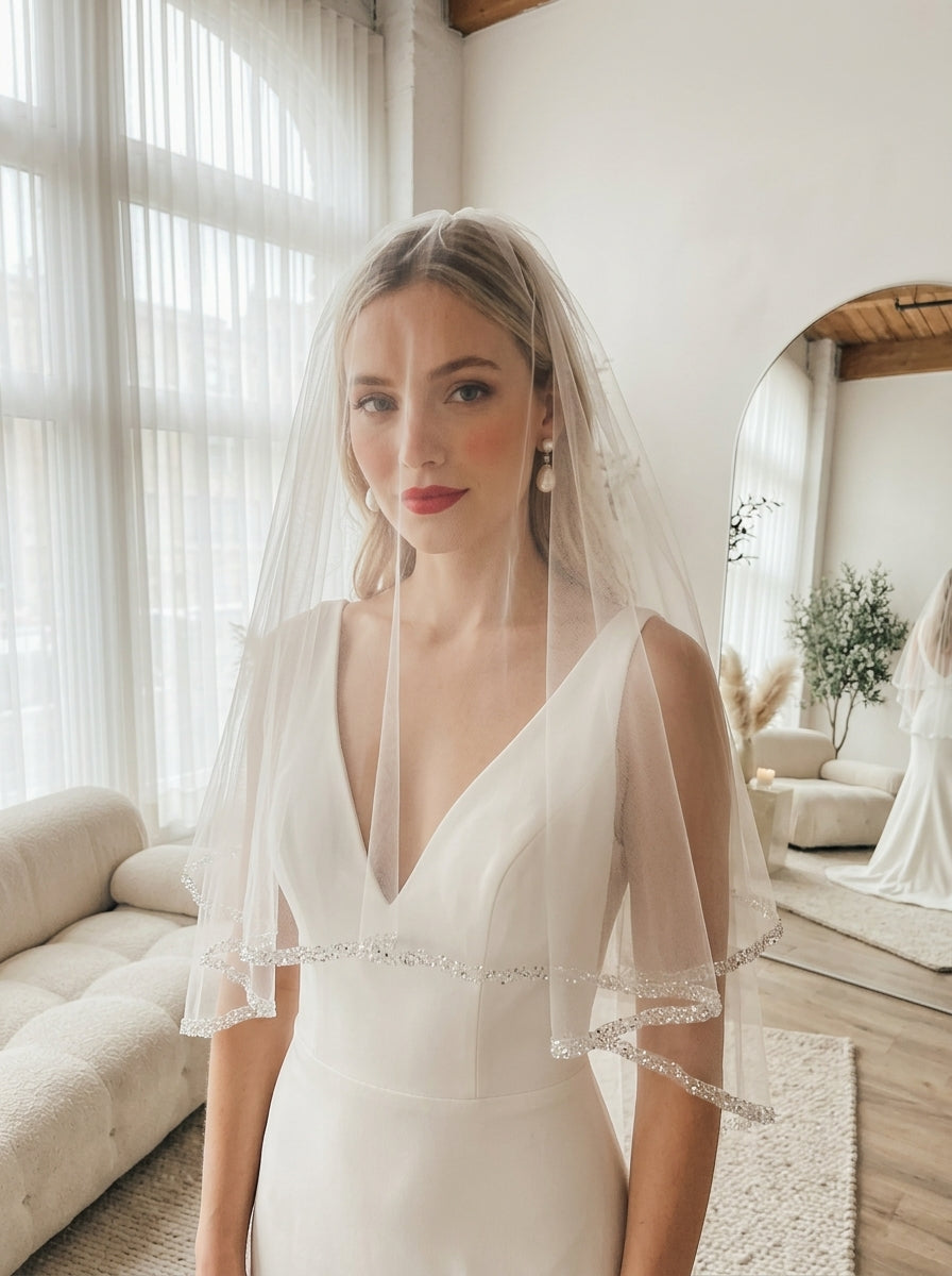 150cm two tier elbow length bridal veil with 70cm blusher and delicate beaded trimmed edge