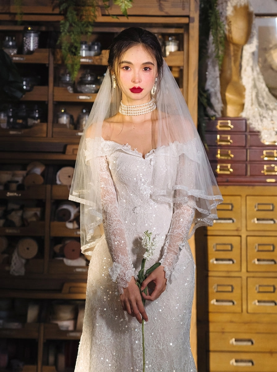 150cm two tier elbow length bridal veil with 70cm blusher and delicate beaded trimmed edge