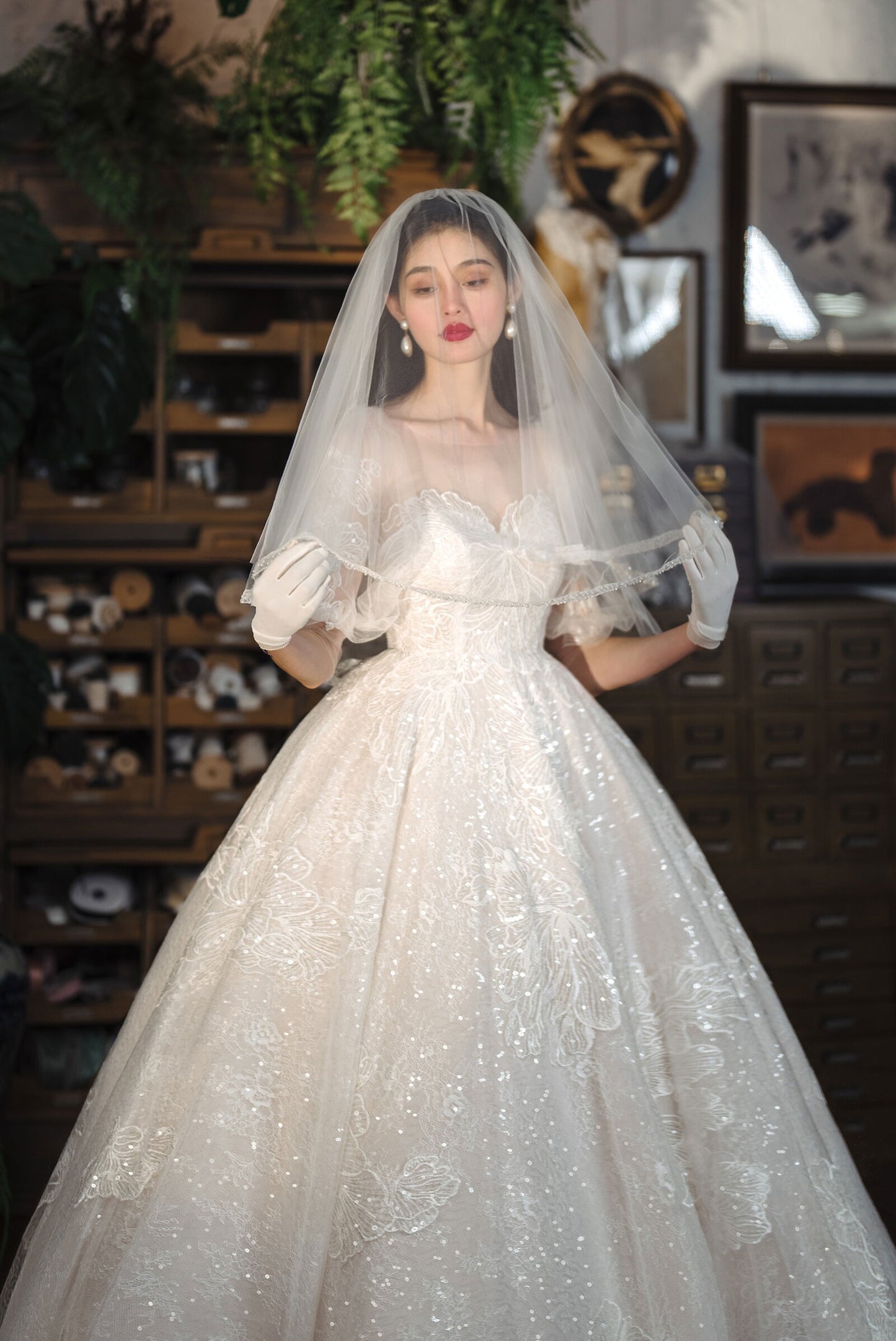150cm two tier elbow length bridal veil with 70cm blusher and delicate beaded trimmed edge