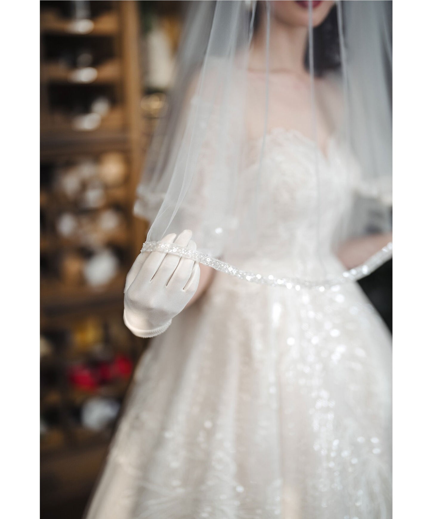 150cm two tier elbow length bridal veil with 70cm blusher and delicate beaded trimmed edge