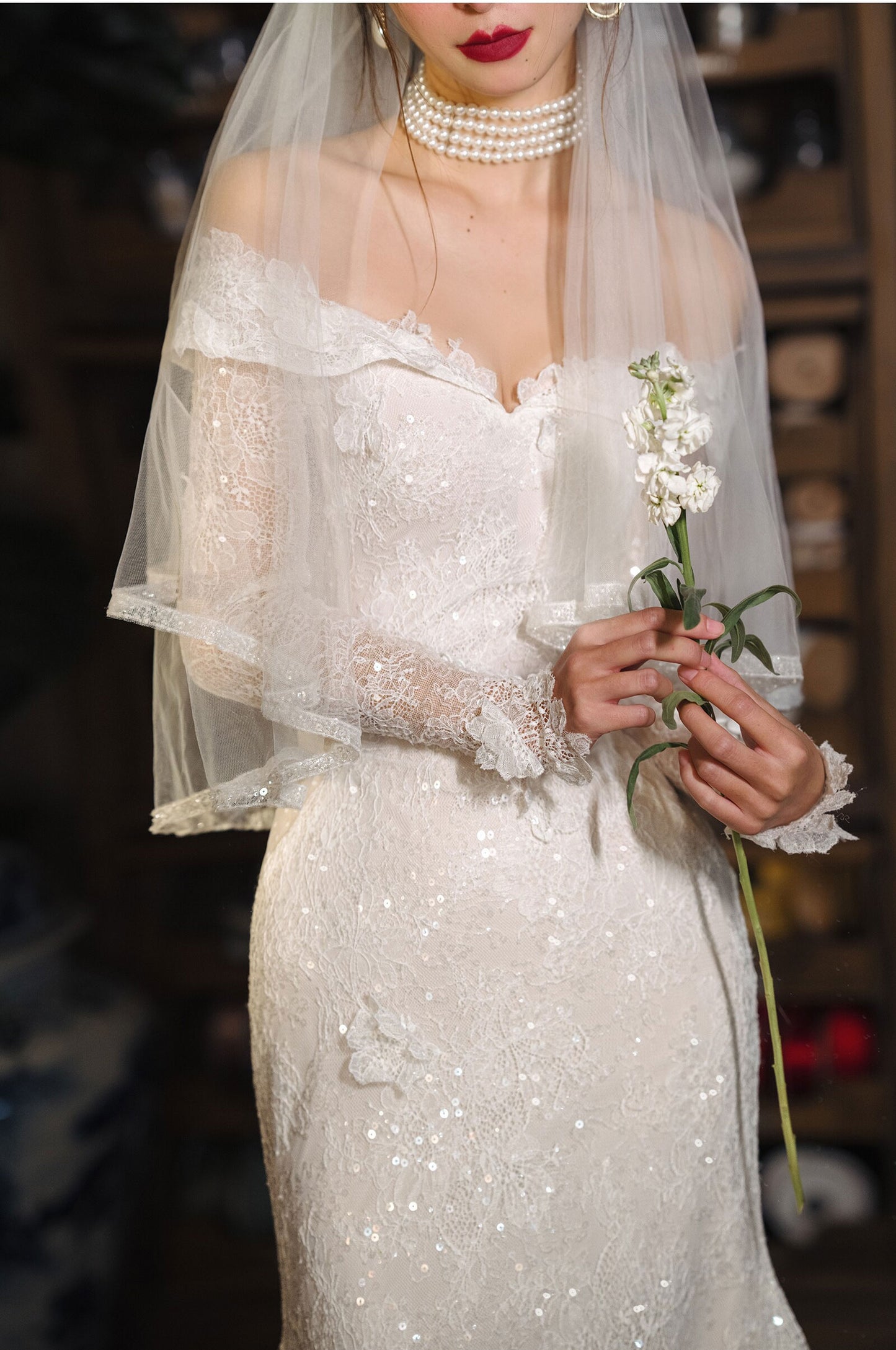 150cm two tier elbow length bridal veil with 70cm blusher and delicate beaded trimmed edge