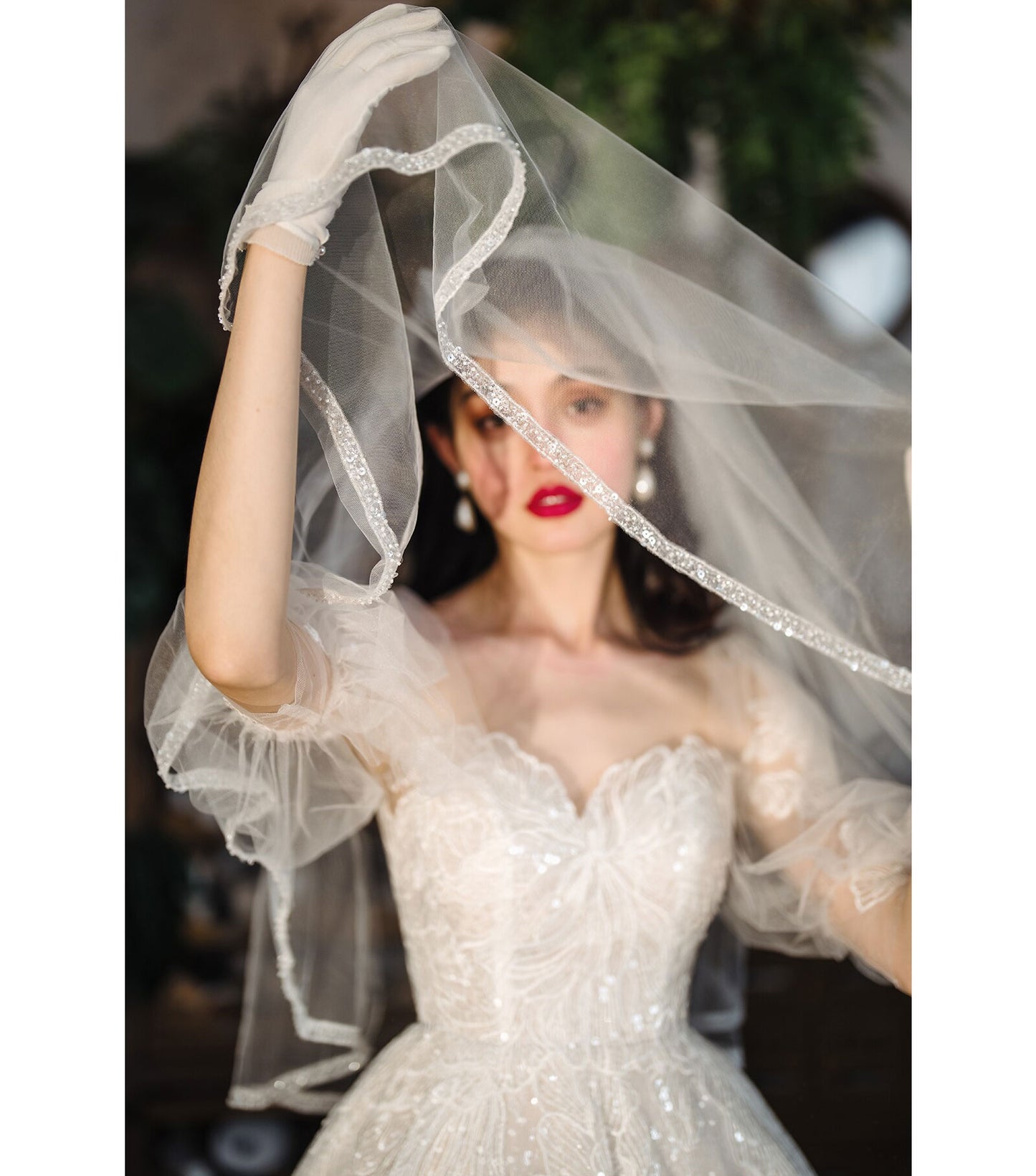 150cm two tier elbow length bridal veil with 70cm blusher and delicate beaded trimmed edge