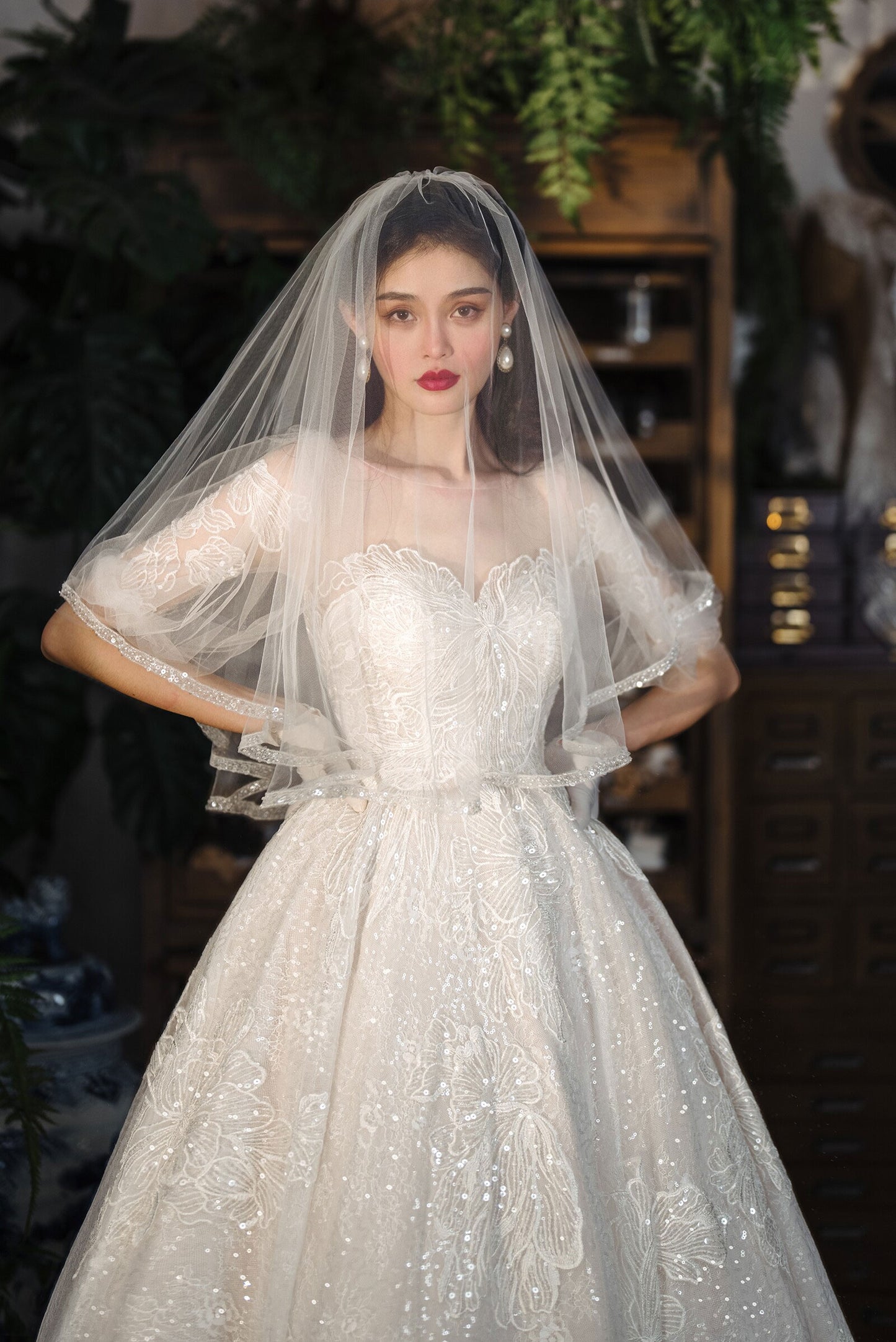 150cm two tier elbow length bridal veil with 70cm blusher and delicate beaded trimmed edge