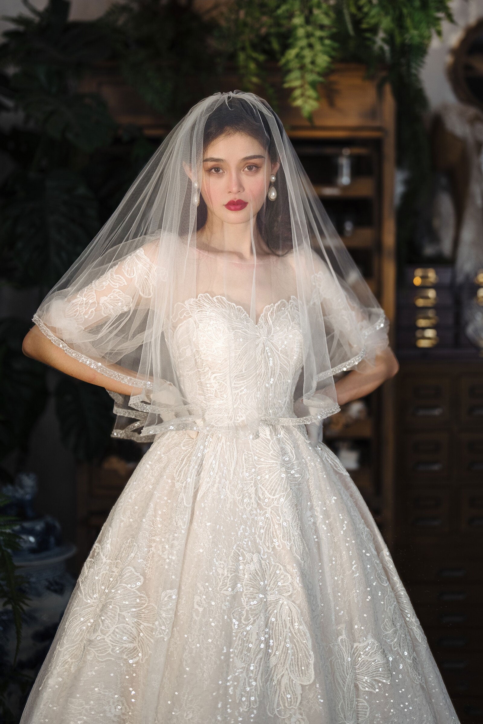 150cm two tier elbow length bridal veil with 70cm blusher and delicate beaded trimmed edge