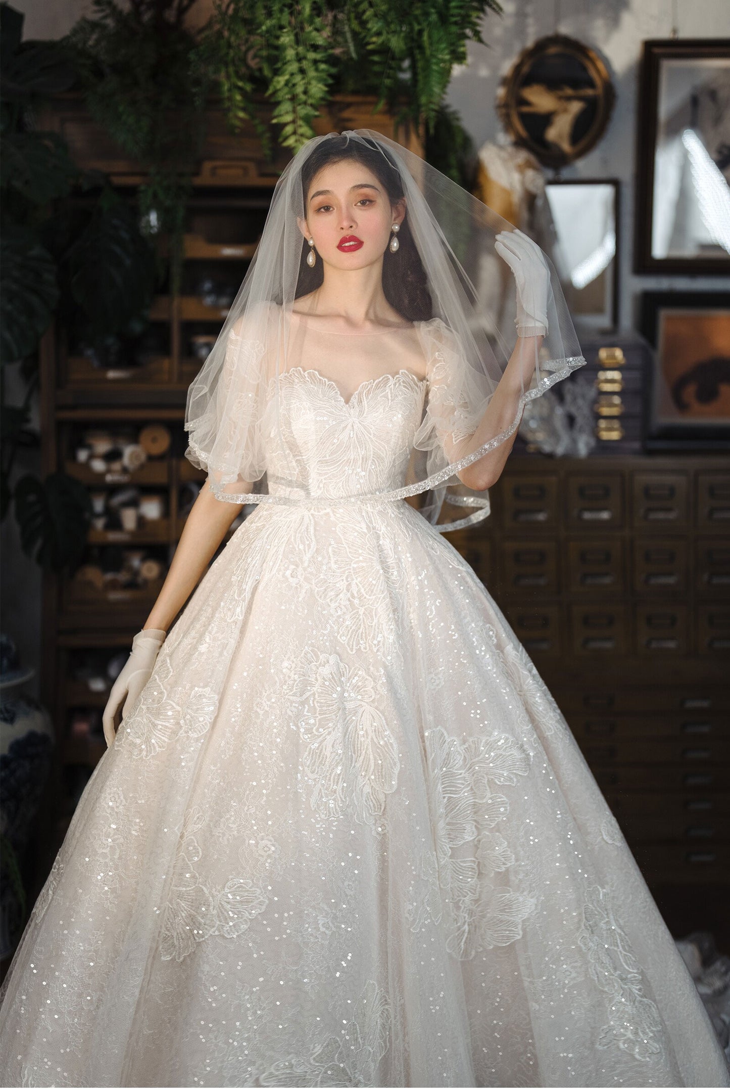 150cm two tier elbow length bridal veil with 70cm blusher and delicate beaded trimmed edge