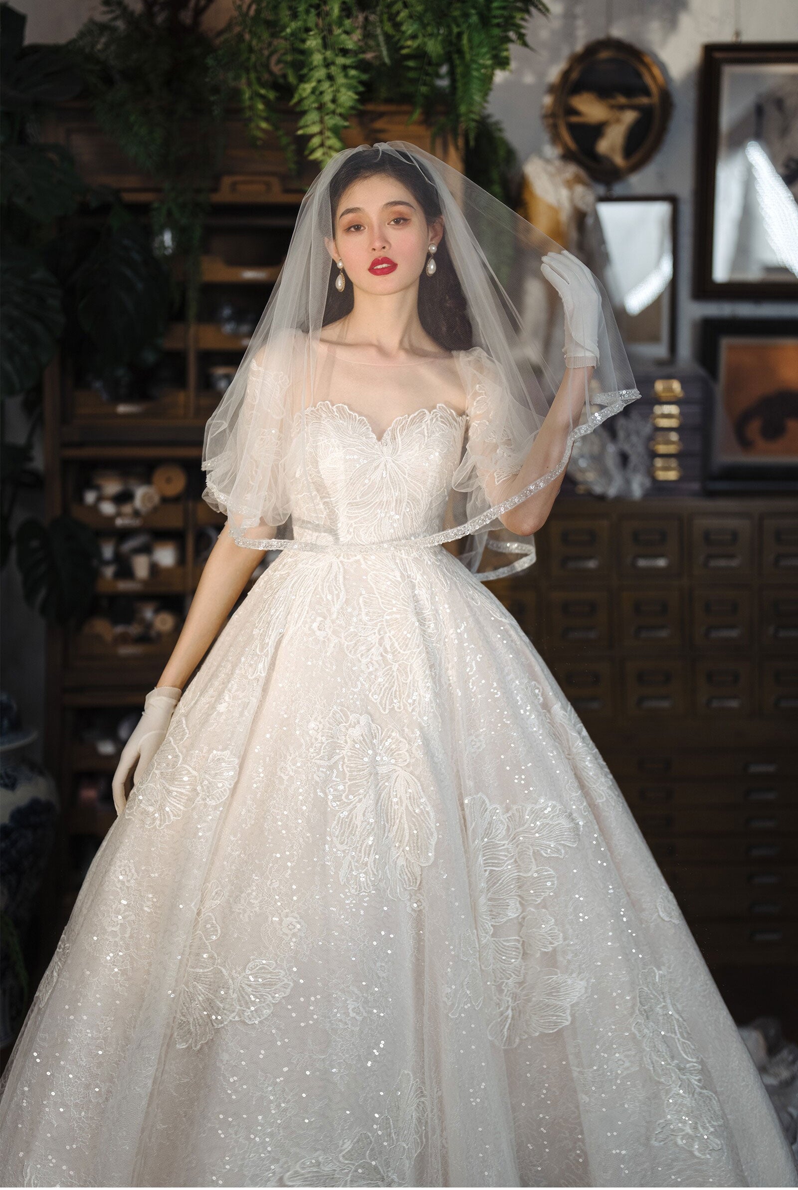 150cm two tier elbow length bridal veil with 70cm blusher and delicate beaded trimmed edge