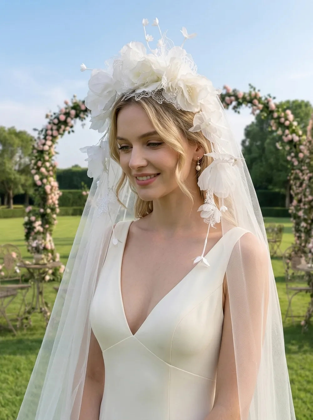 Close-up of hand-crafted fabric flowers and lace details on a bridal crown veil