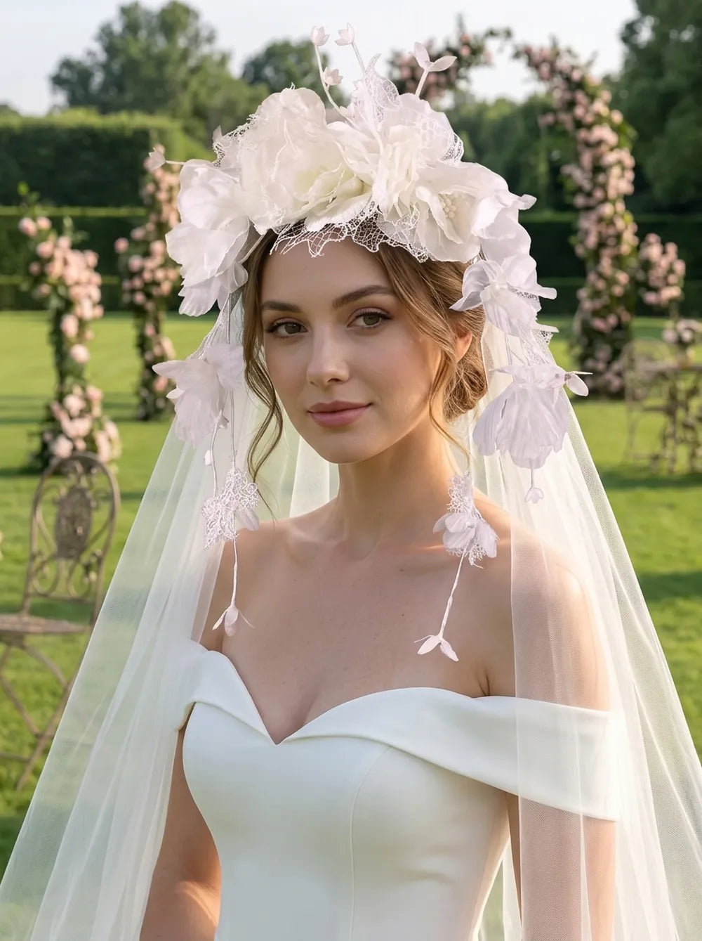 Bridal headpiece featuring a 3D floral crown with a soft sheer trailing tulle veil
