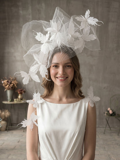 Artistic feather butterfly bridal headband, white floating butterfly hair piece for editorial wedding photoshoot