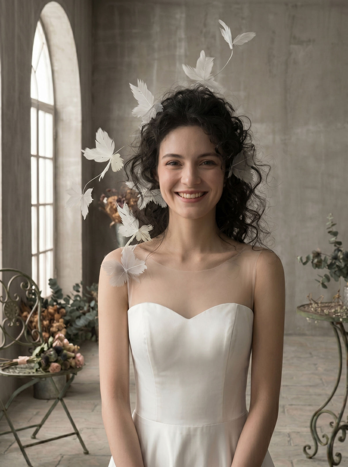 Artistic feather butterfly bridal headband, white floating butterfly hair piece for editorial wedding photoshoot