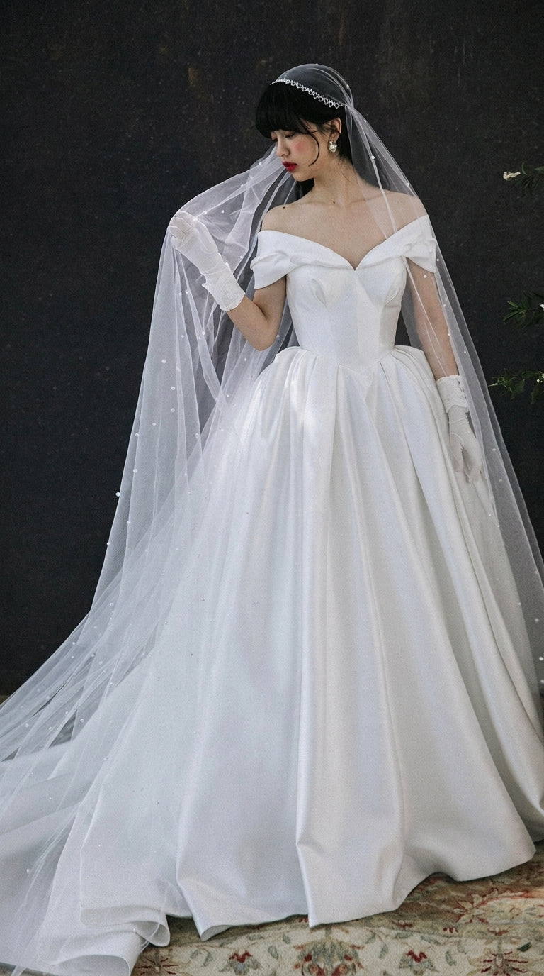 270x290cm fingertip length bridal veil with scattered design and wide breathable tulle