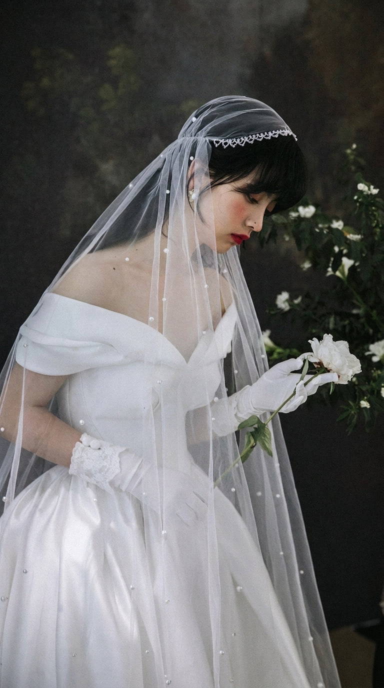 270x290cm fingertip length bridal veil with scattered design and wide breathable tulle