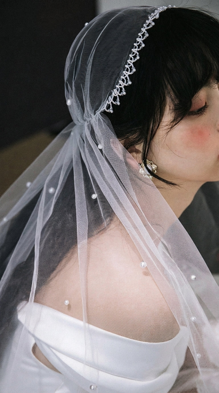 270x290cm fingertip length bridal veil with scattered design and wide breathable tulle