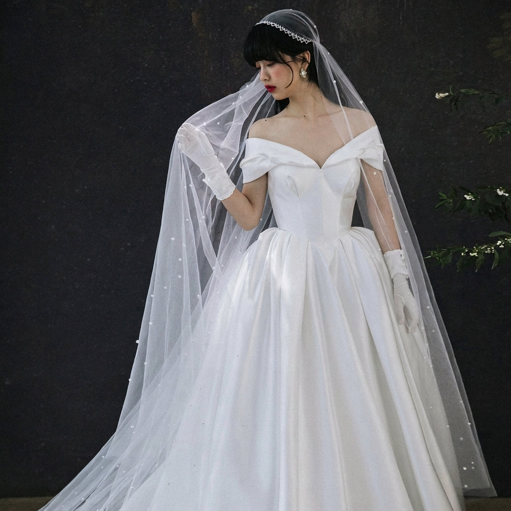 270x290cm fingertip length bridal veil with scattered design and wide breathable tulle