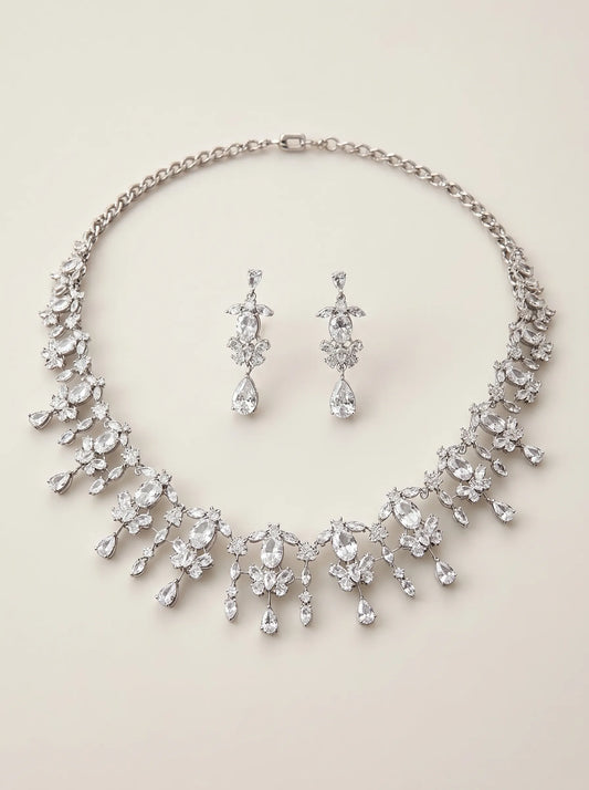 Floral cascading teardrop zircon bridal jewelry set with choker necklace and long drop earrings, elegant wedding accessories for brides