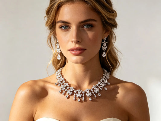 Floral cascading teardrop zircon bridal jewelry set with choker necklace and long drop earrings, elegant wedding accessories for brides