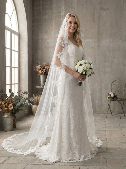 floral lace cathedral wedding veil with soft tulle design