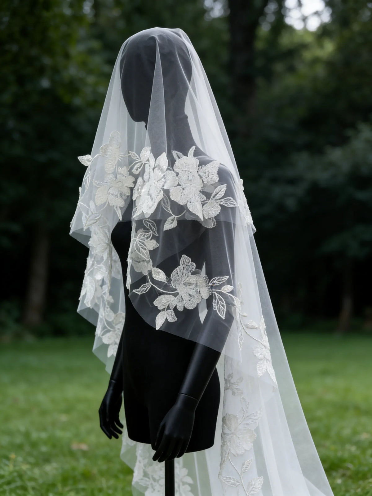 Embroidered botanical lace border on cathedral wedding veil