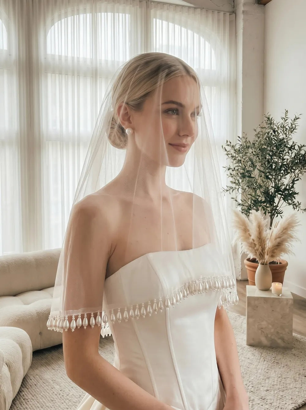 Side view showing natural fluid movement of dangling teardrop pearls along shoulder