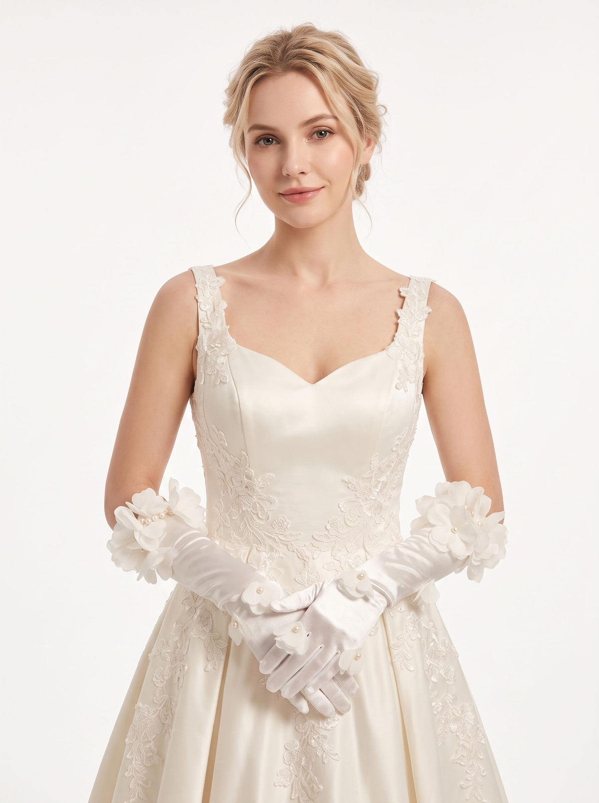 French romantic long ivory satin opera gloves with handcrafted 3D organza floral clusters and pearl petal embellishments for bridal wear.