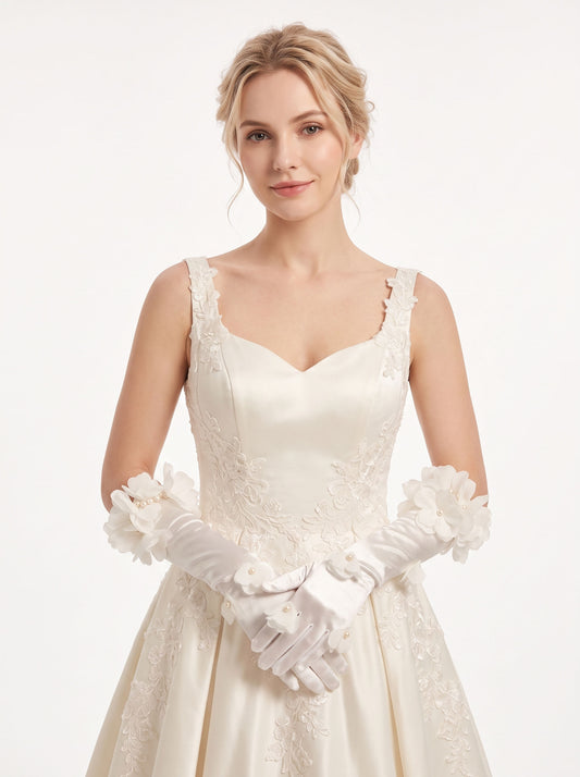 French romantic long ivory satin opera gloves with handcrafted 3D organza floral clusters and pearl petal embellishments for bridal wear.