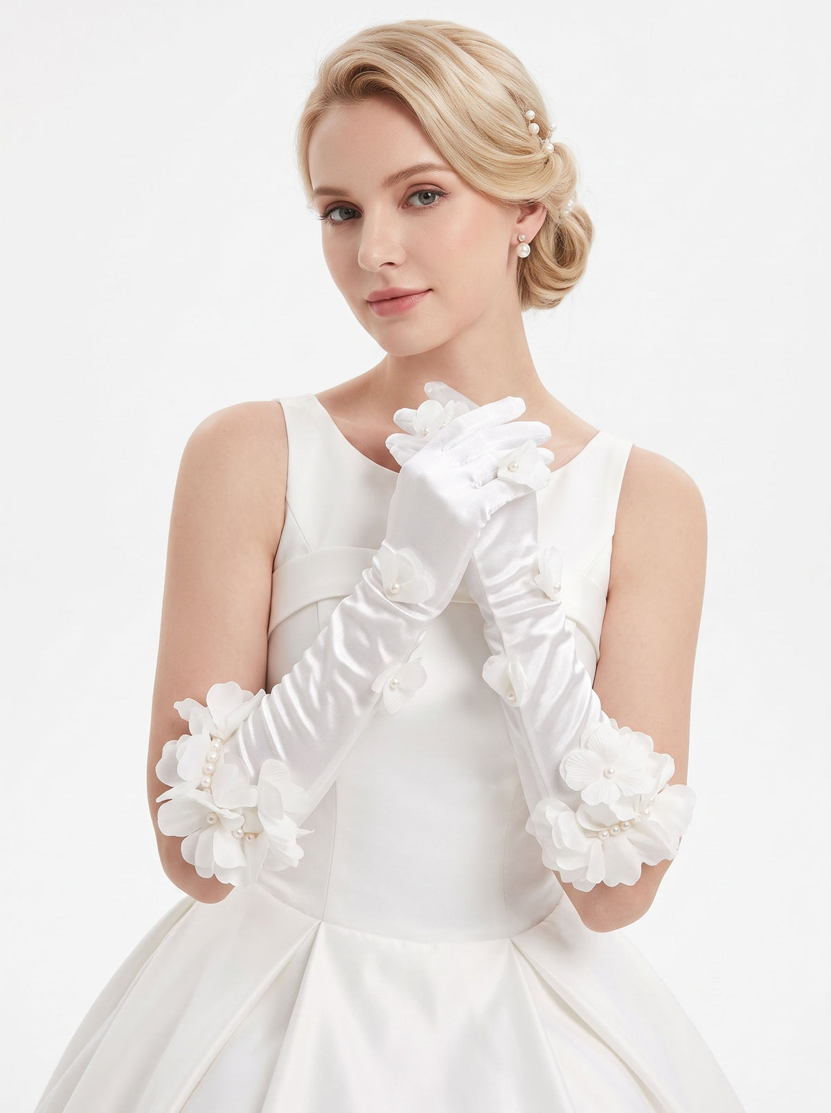 French romantic long ivory satin opera gloves with handcrafted 3D organza floral clusters and pearl petal embellishments for bridal wear.