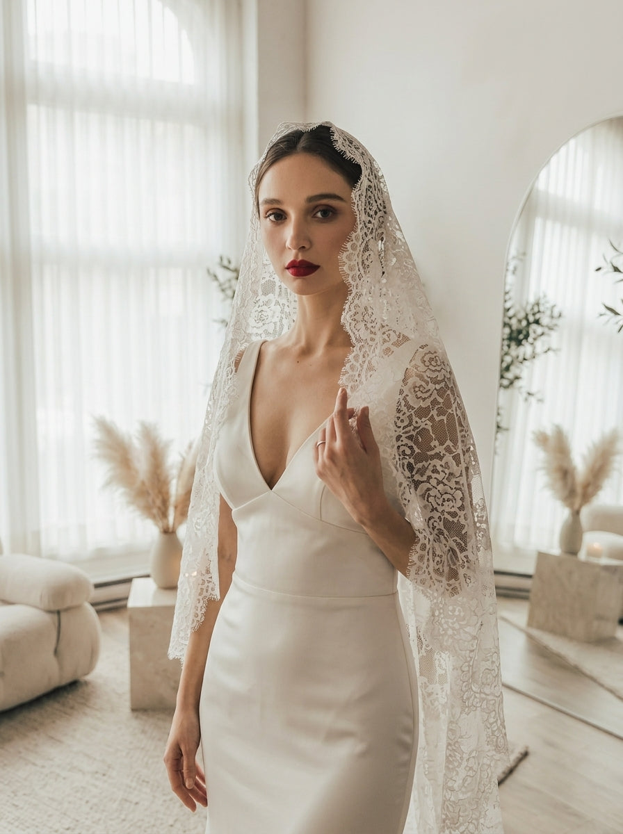230cm French vintage full lace mantilla cathedral bridal veil with floral mesh pattern