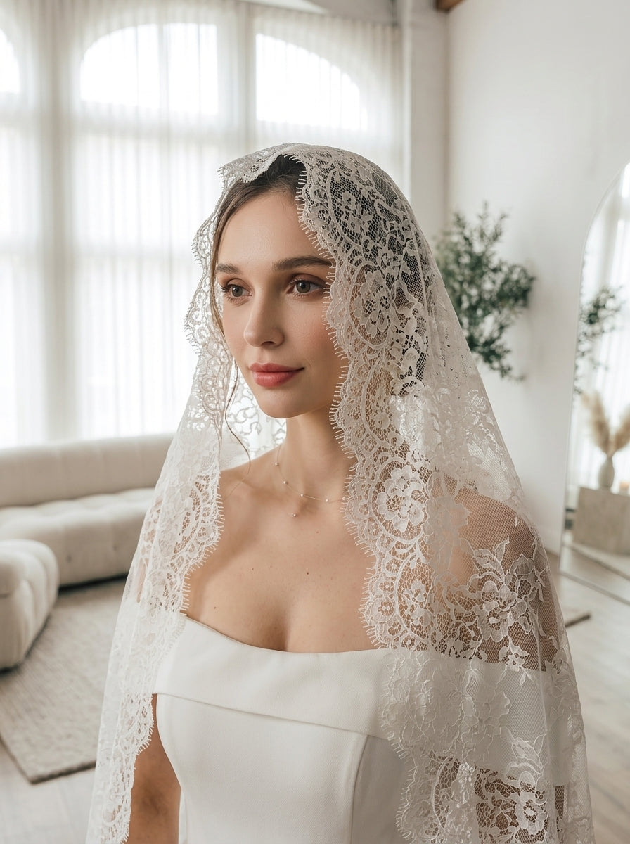 230cm French vintage full lace mantilla cathedral bridal veil with floral mesh pattern