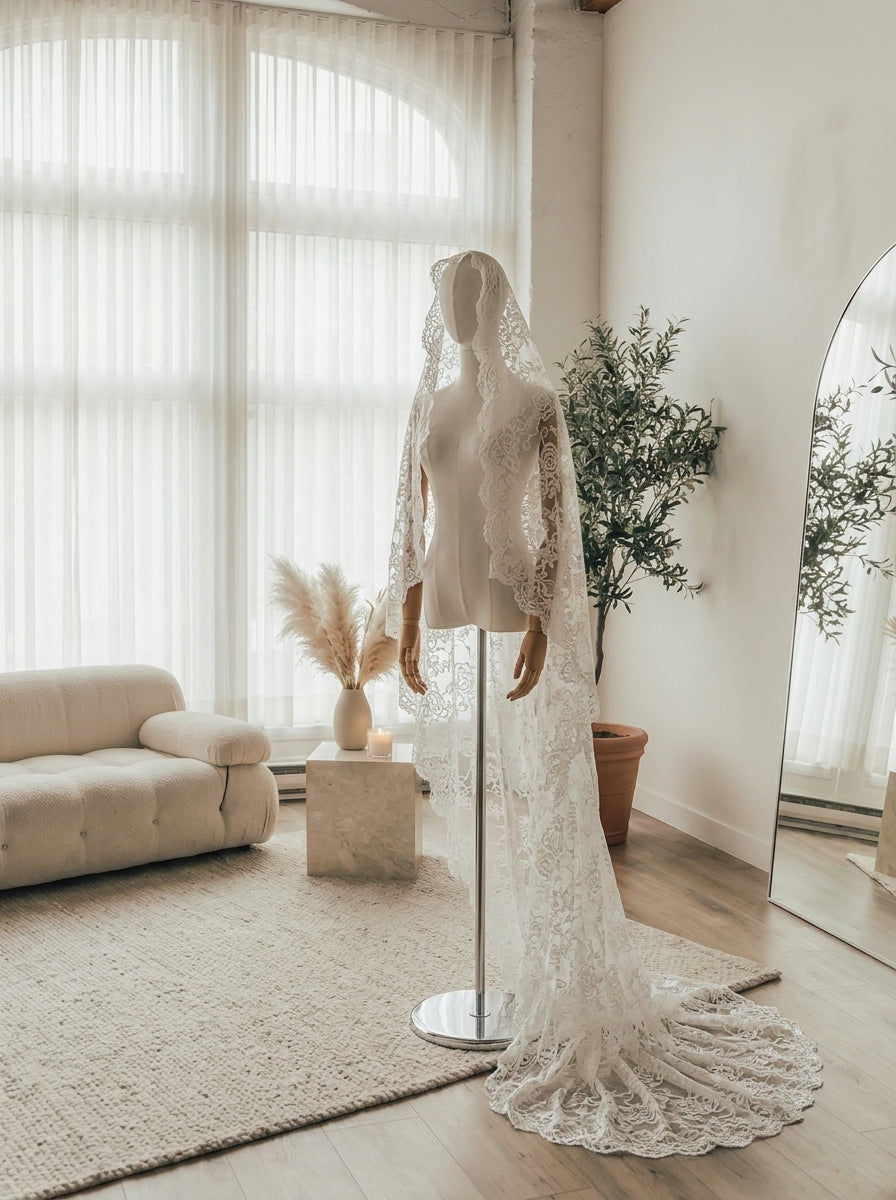 230cm French vintage full lace mantilla cathedral bridal veil with floral mesh pattern