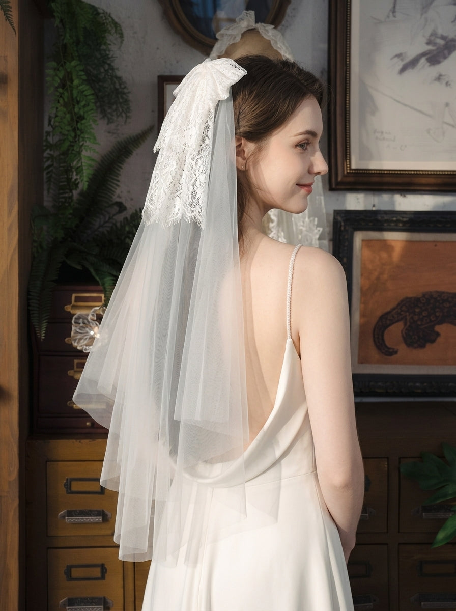 French vintage lace bow fingertip length bridal veil with soft mesh netting 150cm