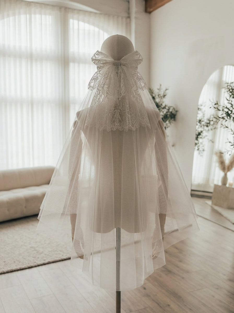 French vintage lace bow fingertip length bridal veil with soft mesh netting 150cm
