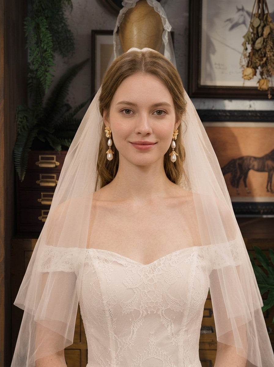 French vintage lace bow fingertip length bridal veil with soft mesh netting 150cm
