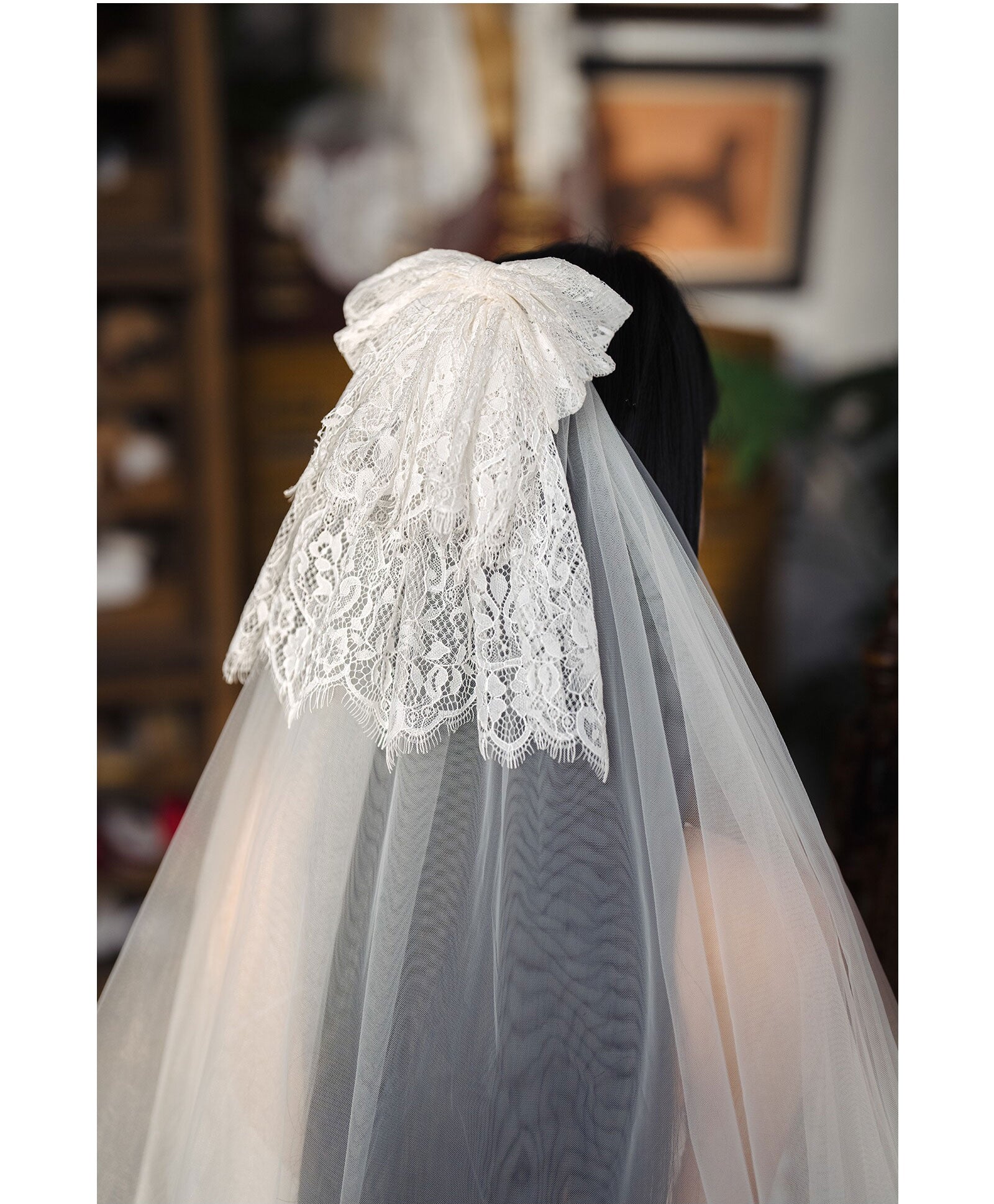 French vintage lace bow fingertip length bridal veil with soft mesh netting 150cm