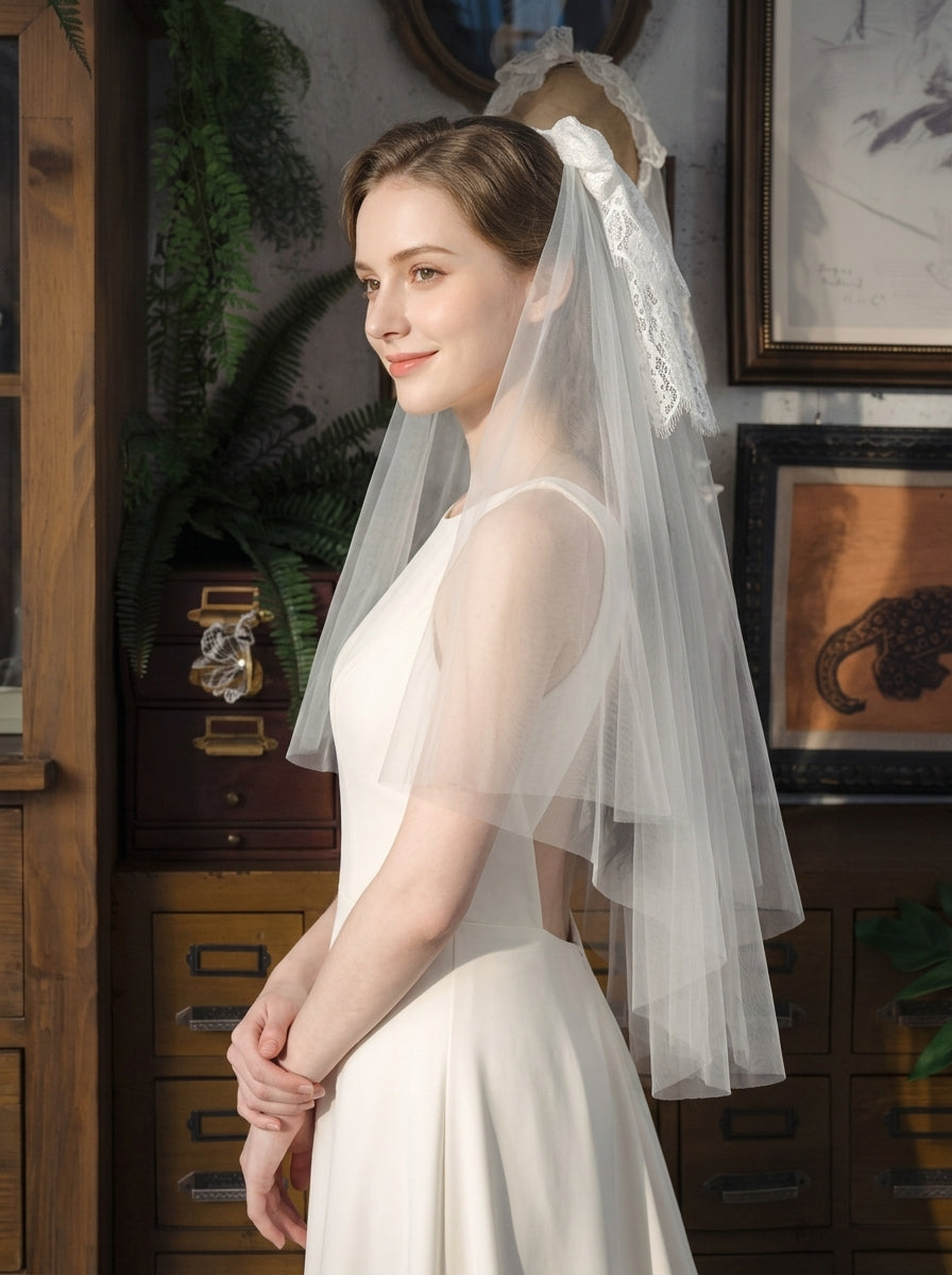 French vintage lace bow fingertip length bridal veil with soft mesh netting 150cm