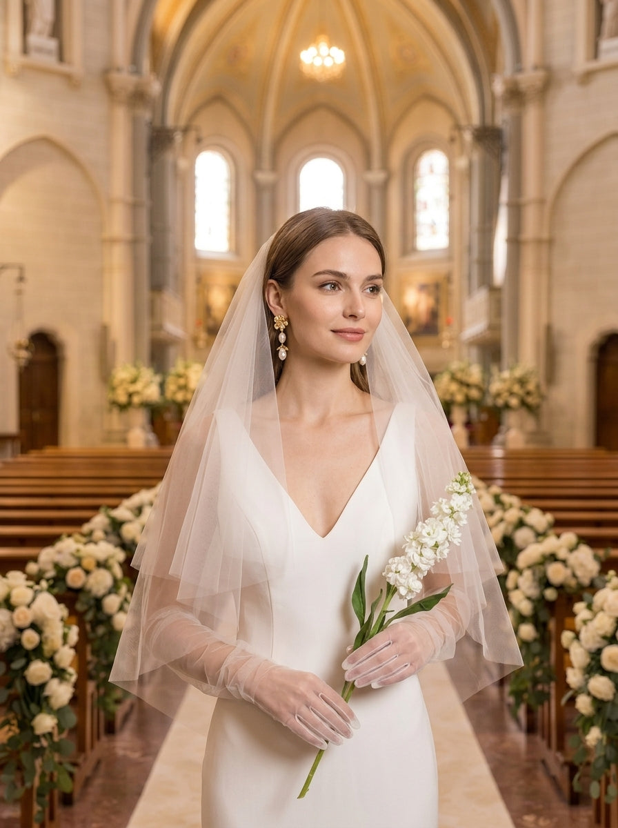 French vintage lace bow fingertip length bridal veil with soft mesh netting 150cm