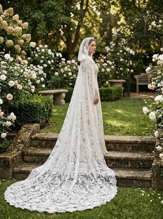 hooded lace wedding cape with cathedral train