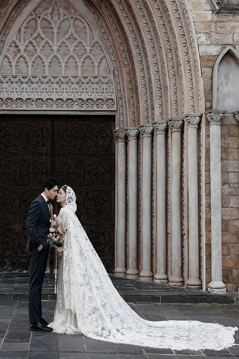 all-over lace hooded bridal cape