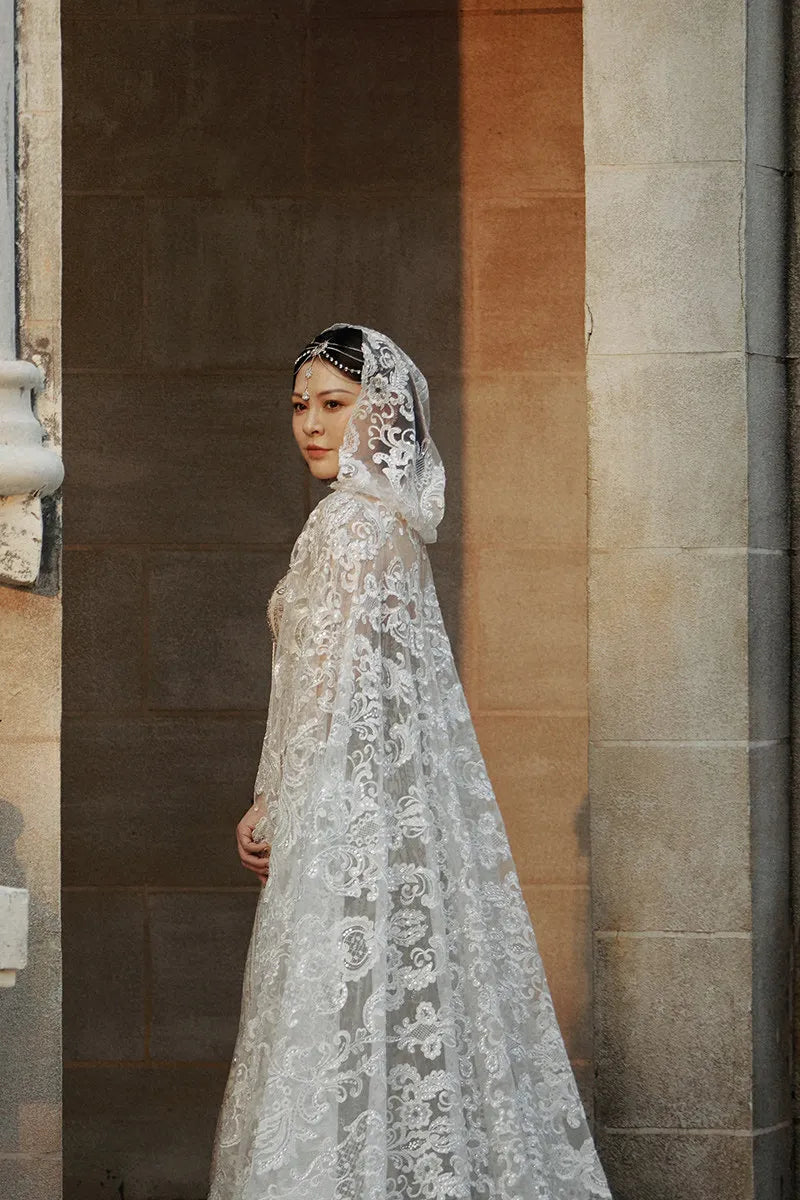full length lace bridal cloak with hood