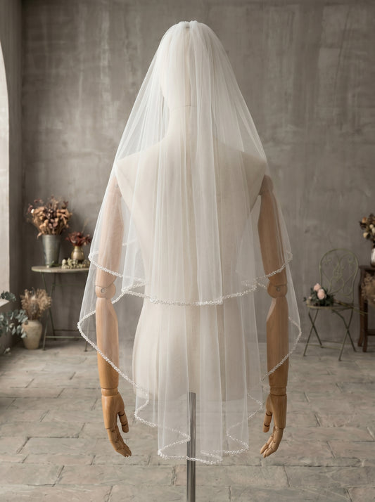 Classic Fingertip Beaded Wedding Veil with Comb - 2 Tier Milk White Swiss Tulle Drop Veil, Delicate Seed Bead Wire-Edge Bridal Blusher, 60cm/90cm LUNA-X85