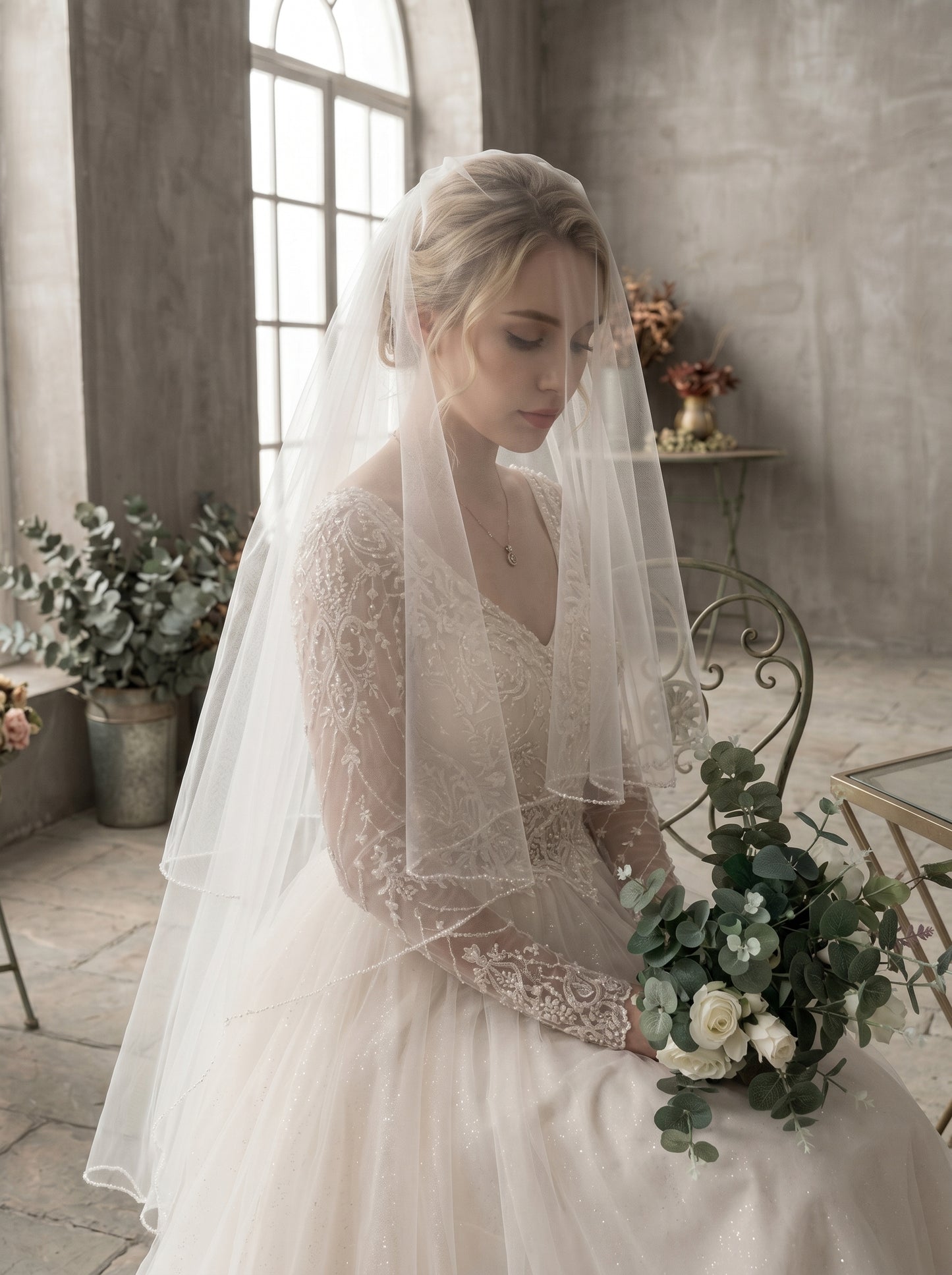 Classic Fingertip Beaded Wedding Veil with Comb - 2 Tier Milk White Swiss Tulle Drop Veil, Delicate Seed Bead Wire-Edge Bridal Blusher, 60cm/90cm LUNA-X85