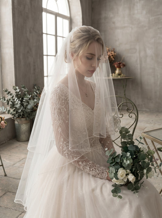 Classic Fingertip Beaded Wedding Veil with Comb - 2 Tier Milk White Swiss Tulle Drop Veil, Delicate Seed Bead Wire-Edge Bridal Blusher, 60cm/90cm LUNA-X85