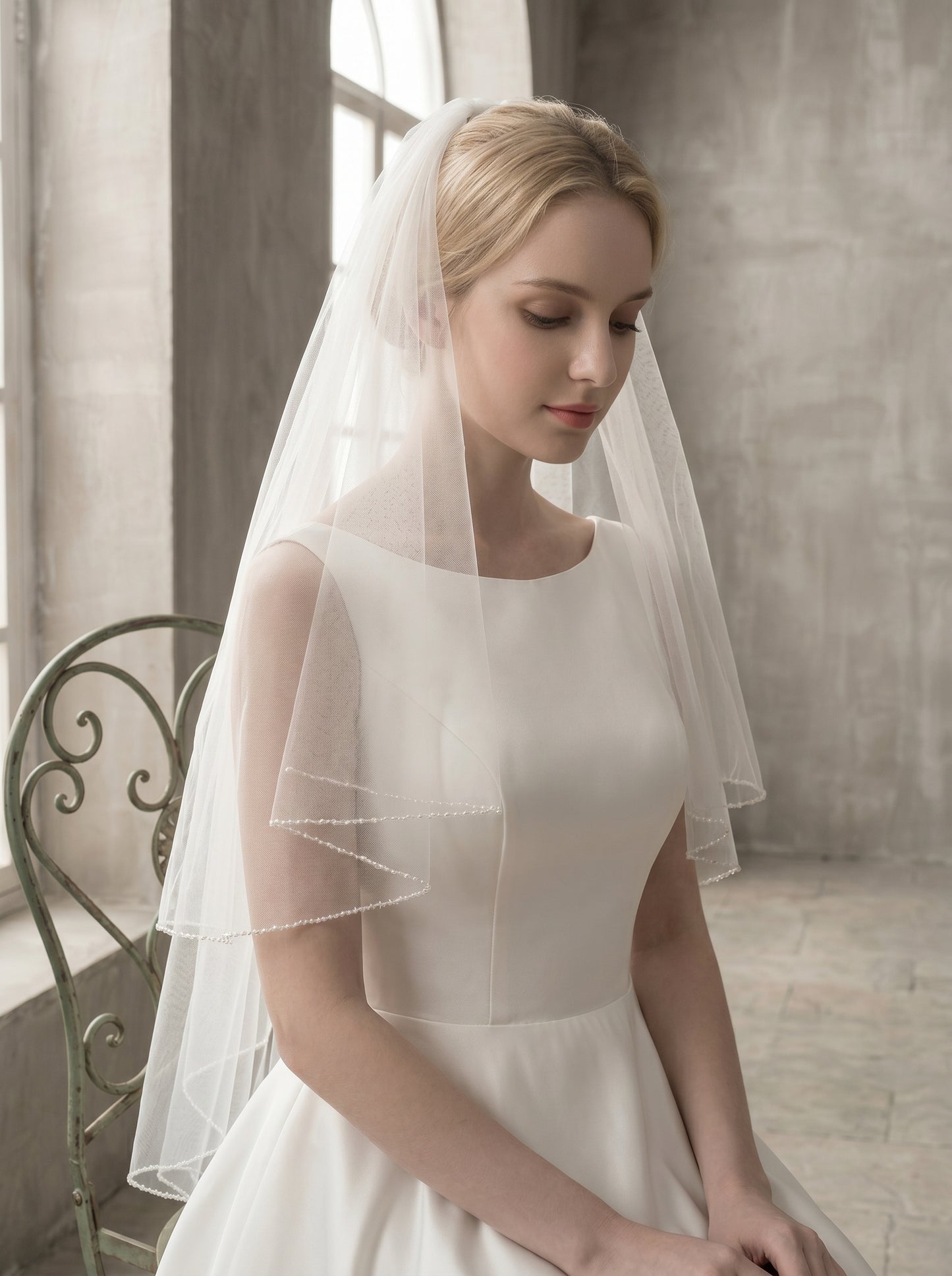 Classic Fingertip Beaded Wedding Veil with Comb - 2 Tier Milk White Swiss Tulle Drop Veil, Delicate Seed Bead Wire-Edge Bridal Blusher, 60cm/90cm LUNA-X85