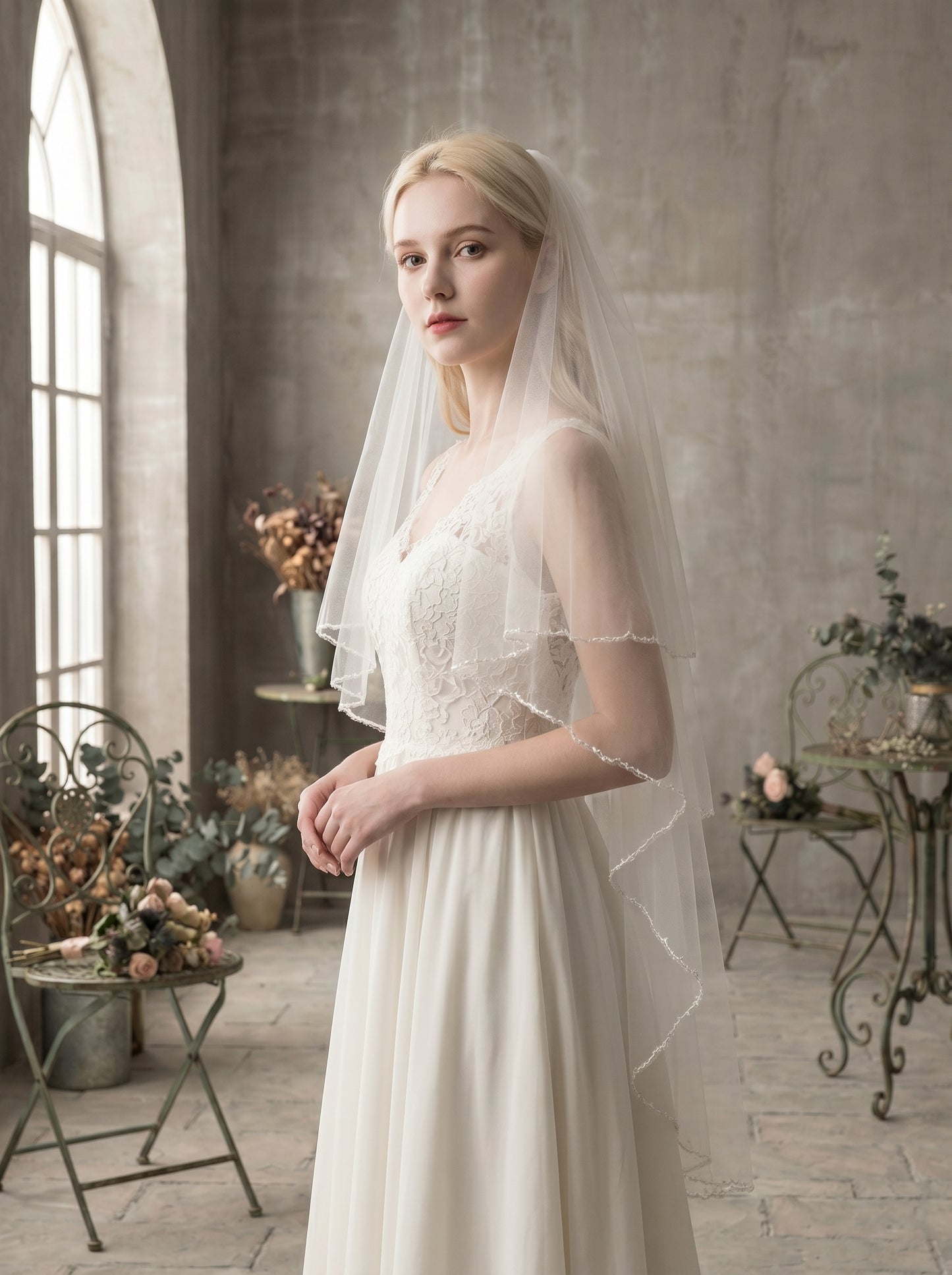 Classic Fingertip Beaded Wedding Veil with Comb - 2 Tier Milk White Swiss Tulle Drop Veil, Delicate Seed Bead Wire-Edge Bridal Blusher, 60cm/90cm LUNA-X85