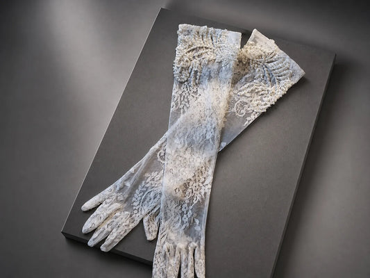 Ivory long lace wedding gloves with pearl embellished cuffs
