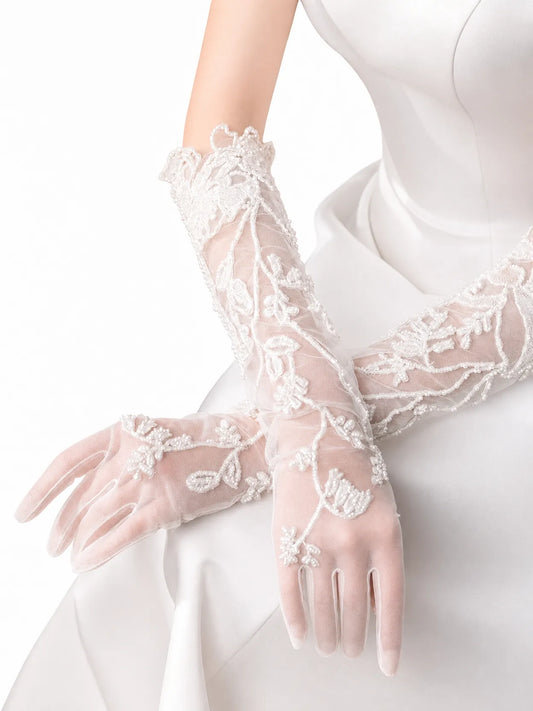 Ivory sheer tulle wedding gloves with floral lace appliqué