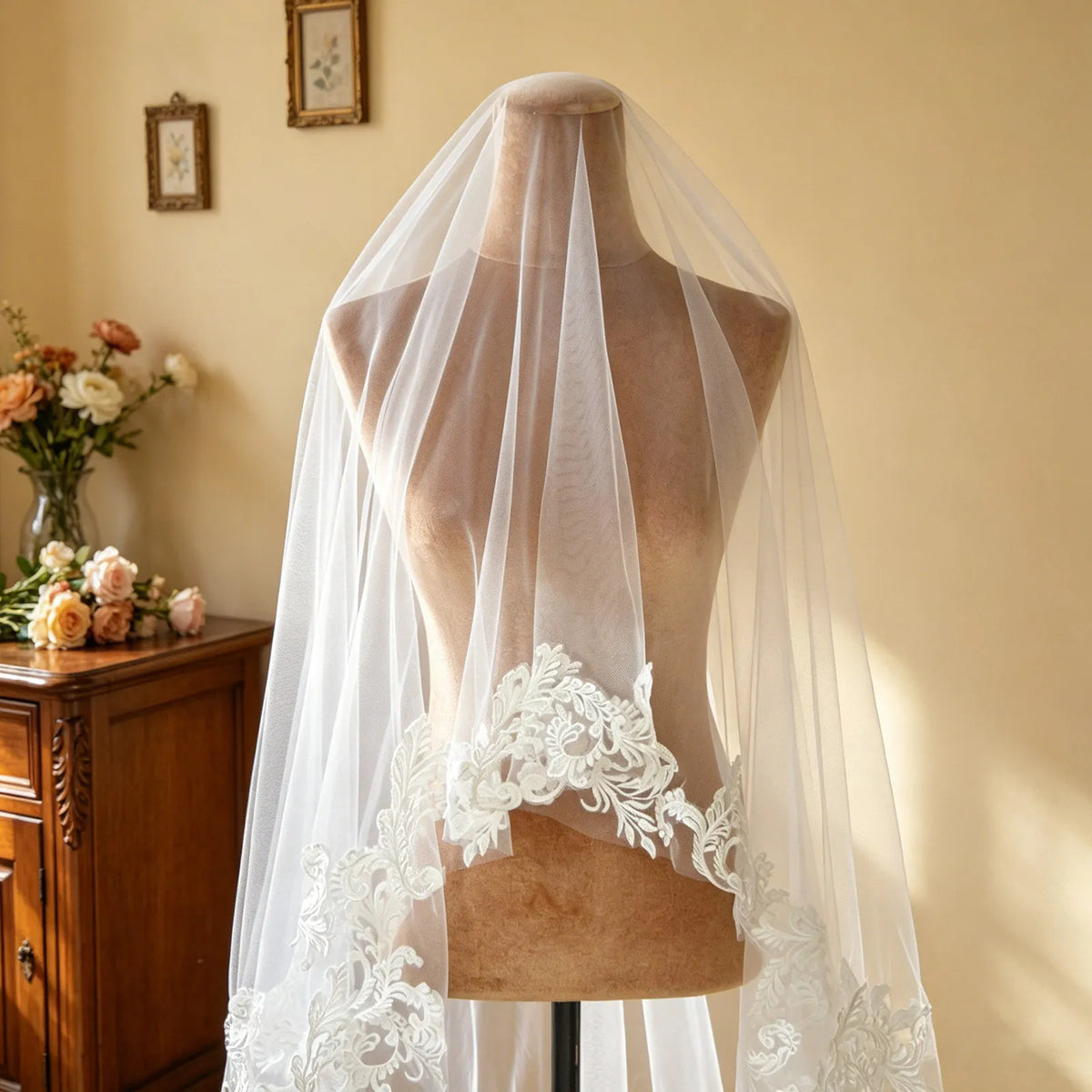 Front view of studio mannequin displaying sheer drop veil front blusher with baroque lace trim