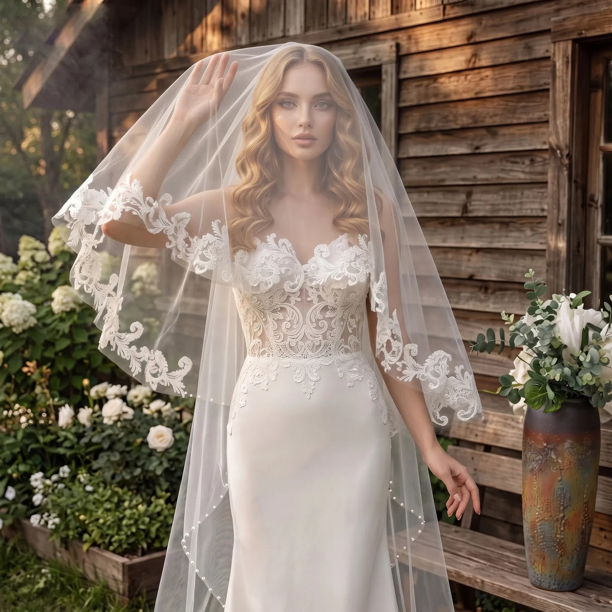 Front view of bride lifting sheer drop veil in garden setting with wooden backdrop