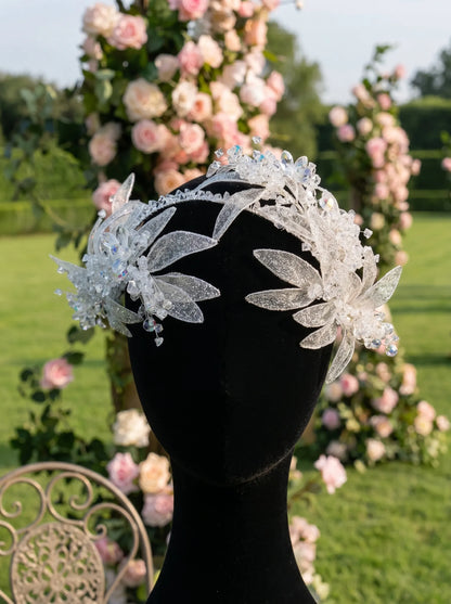 Bridal side headpiece, lace leaf motifs with long beaded tassel drops, boho‑luxury wedding hair accessory